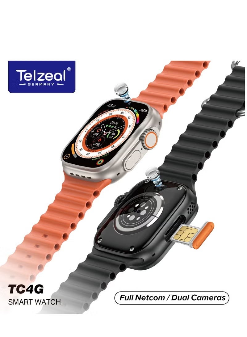 Telzeal TC4G Full Screen Smart Watch with Waterproof Design, Dual Camera, SIM Card Support, Full Netcom Connectivity, Touch Screen Smart Wearable with 3 Pair Straps & Wireless Charger – Gold - Image 1